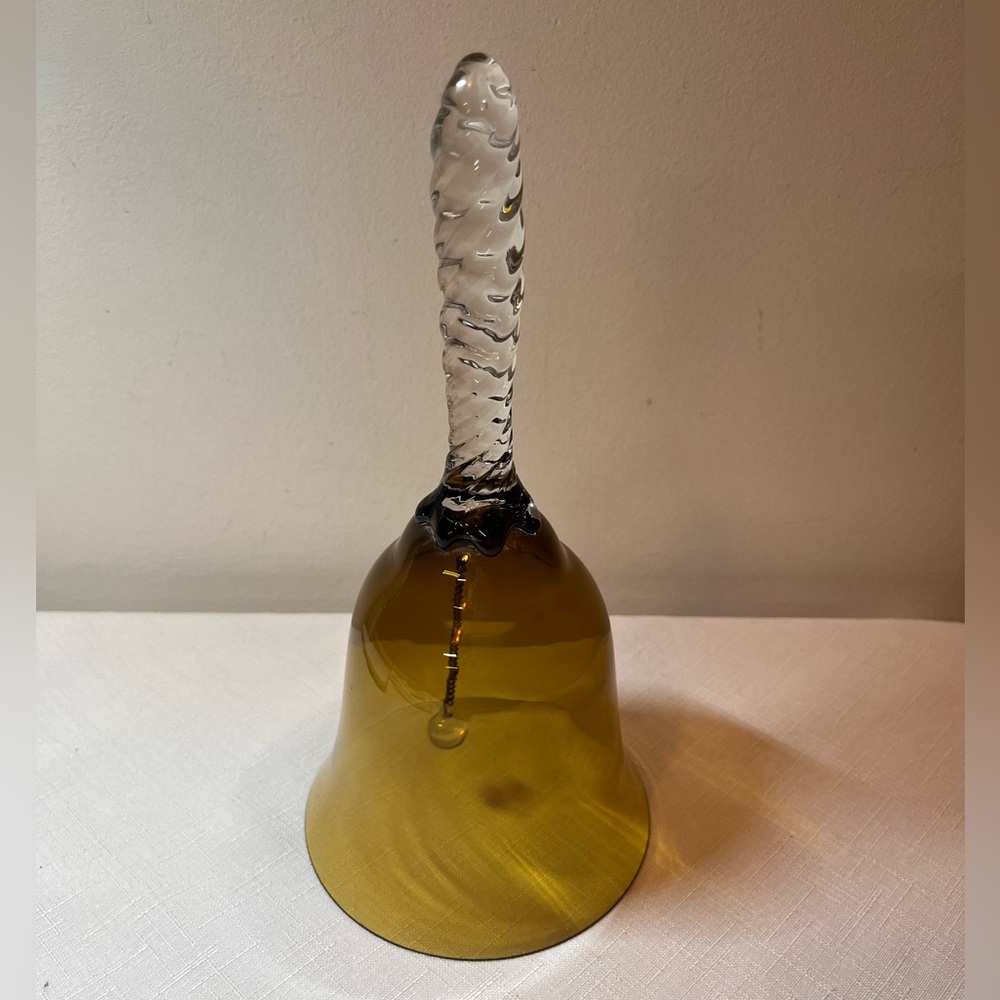 Vintage Amber Glass Bell with Clear Twist Handle. Made in Portugal